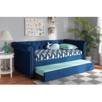 Baxton Studio Ashley-Navy Blue-Daybed Mabelle Modern and Contemporary Navy Blue Velvet Upholstered Daybed with Trundle